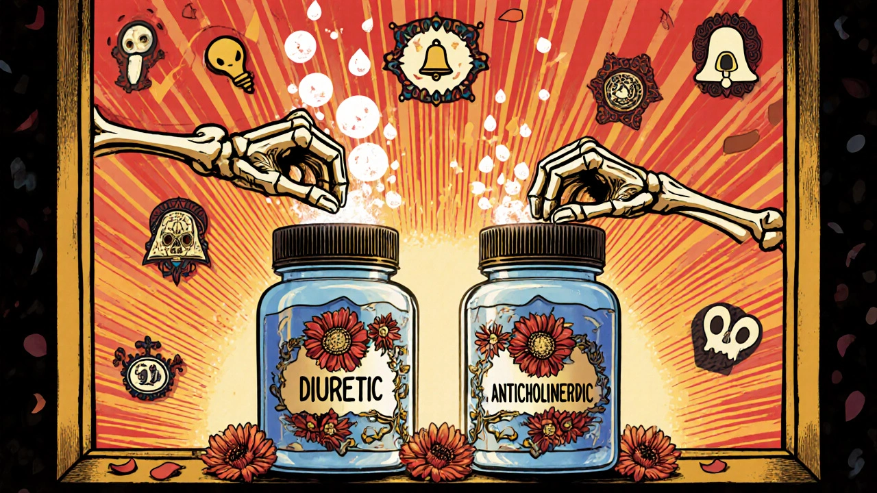 Two pill bottles with skeletal hands disrupting sweat and hydration, surrounded by heat symbols.