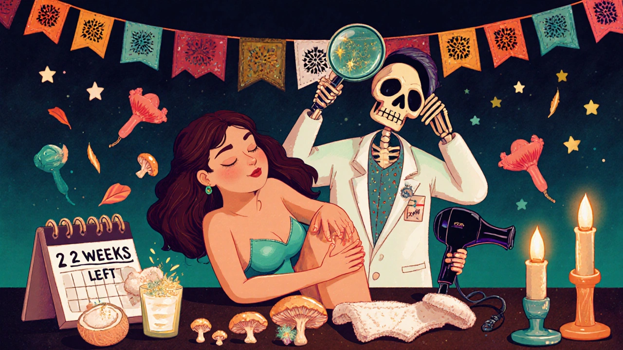 Woman applying coconut oil as skeleton doctor shows fungi dissolving in festive style