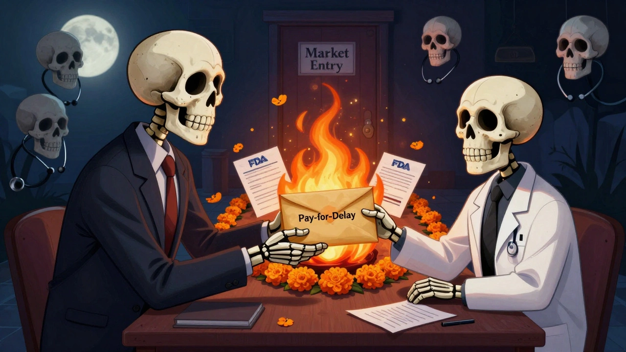 A brand-name skeleton paying a generic skeleton to stay off the market, with burning FDA documents and a locked door.