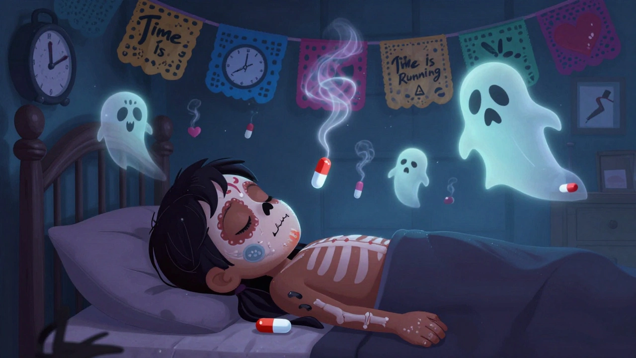 A child lying peacefully with skeletal patterns beneath their skin, ghostly pills floating around them as warnings.