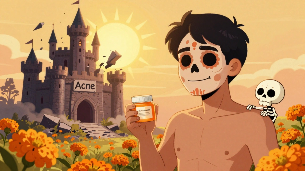 A confident person under sunlight as an acne castle crumbles into flowers, with a skeletal figure holding petroleum jelly nearby.