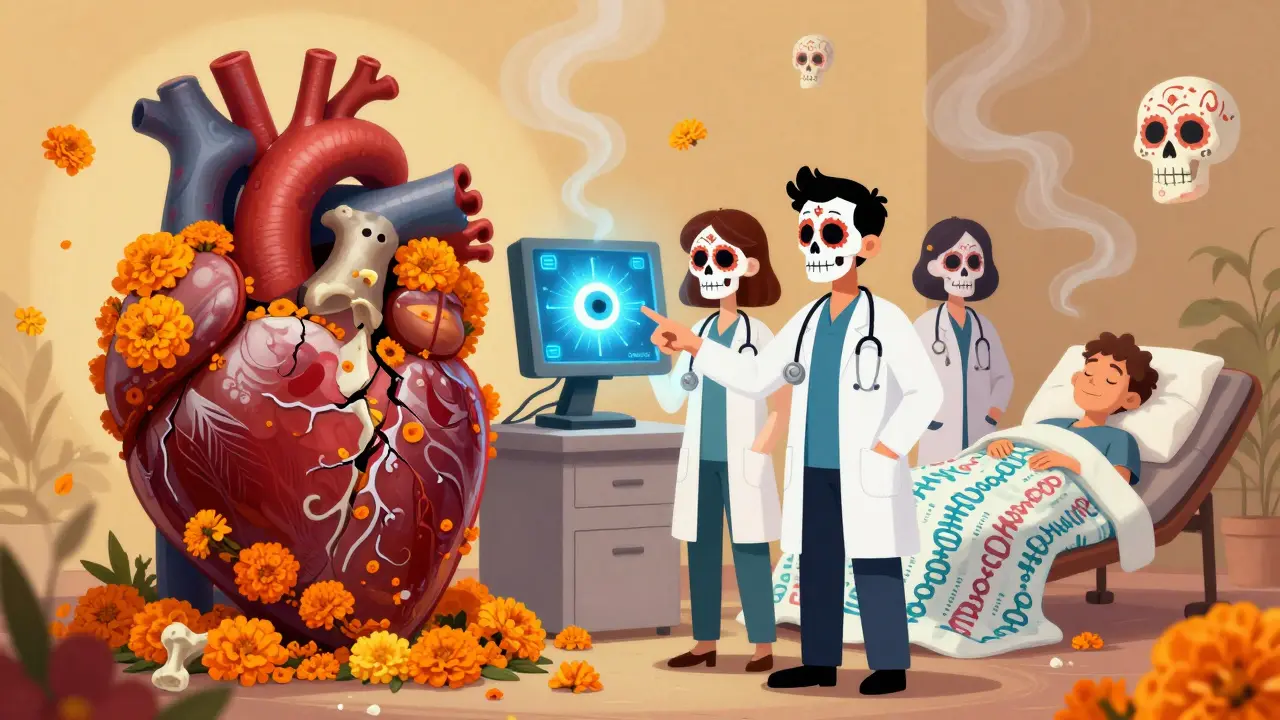 A medical team beside a fractured heart sculpture made of flowers and bones, with an AI monitor glowing above them.
