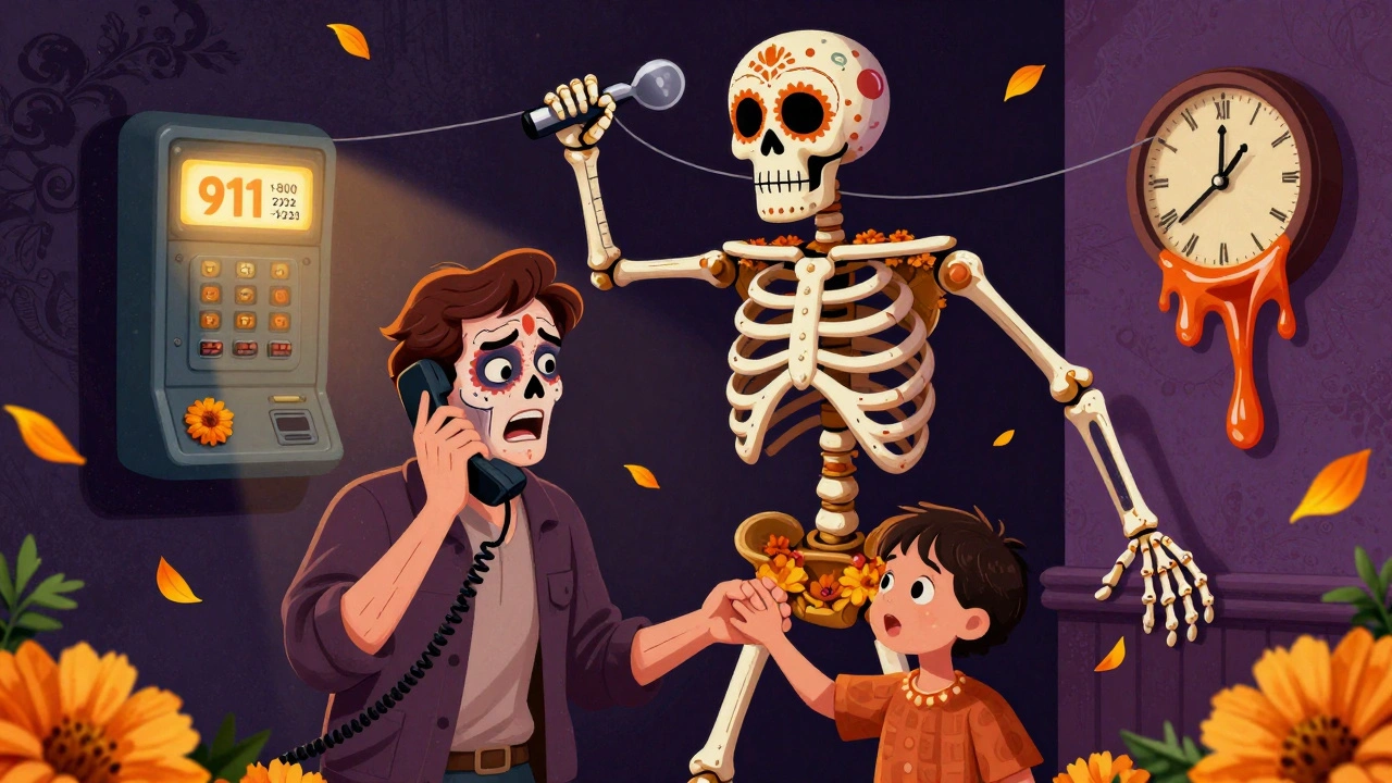 A parent calling for help while a skeletal figure made of medicine bottles connects them to emergency services.