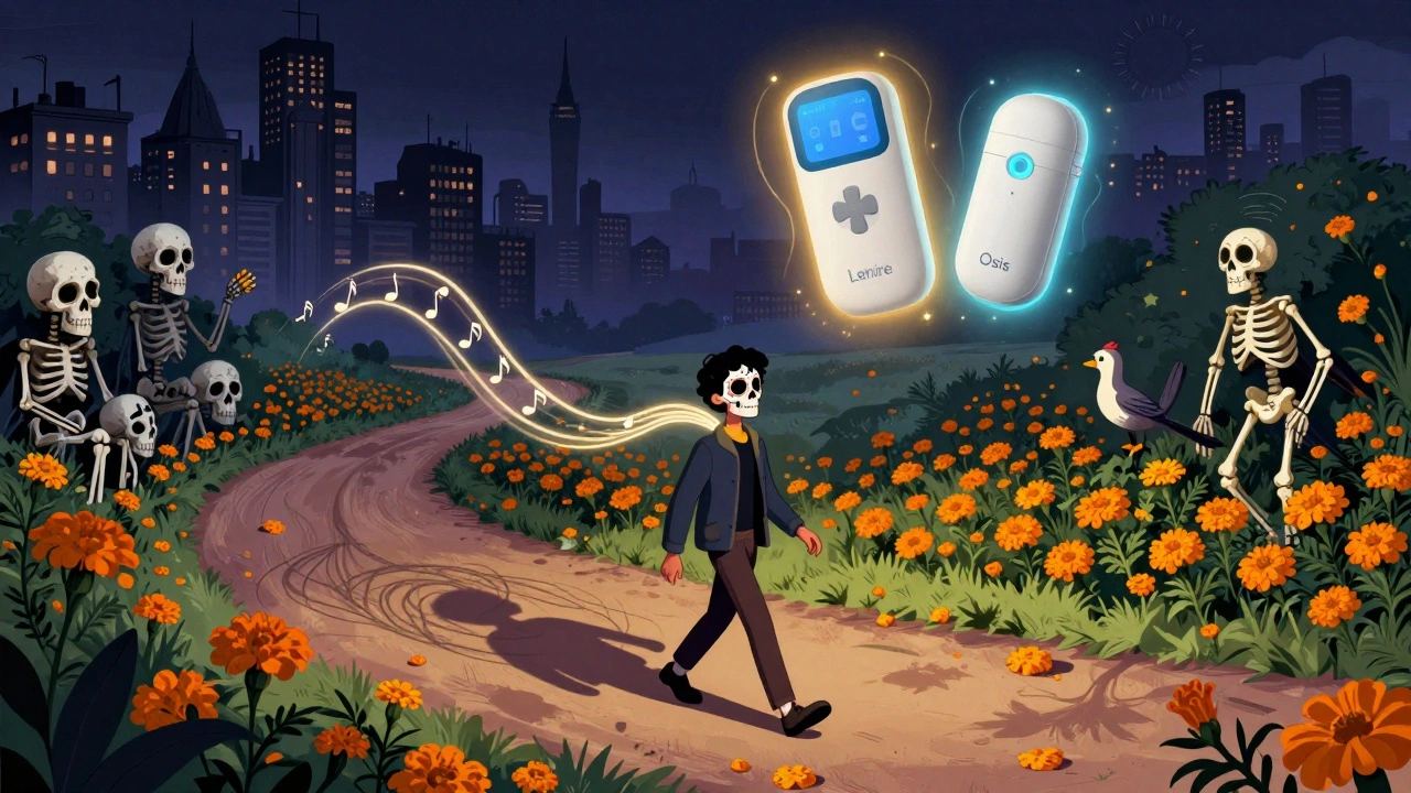 A path from chaos to peace, with skulls and sound transforming into calm flowers, in Day of the Dead illustration style.