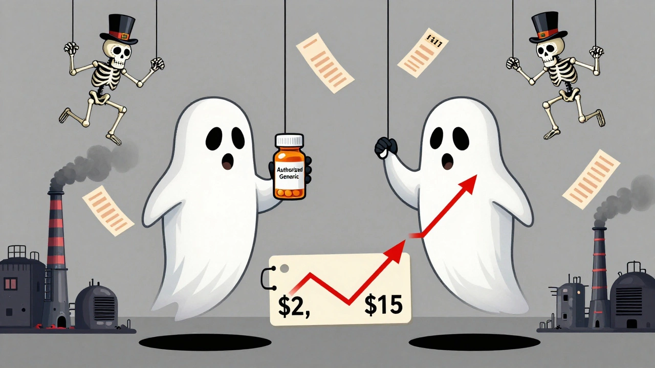 A patient holding two versions of the same drug as prices split, with PBM skeletons pulling strings behind them.