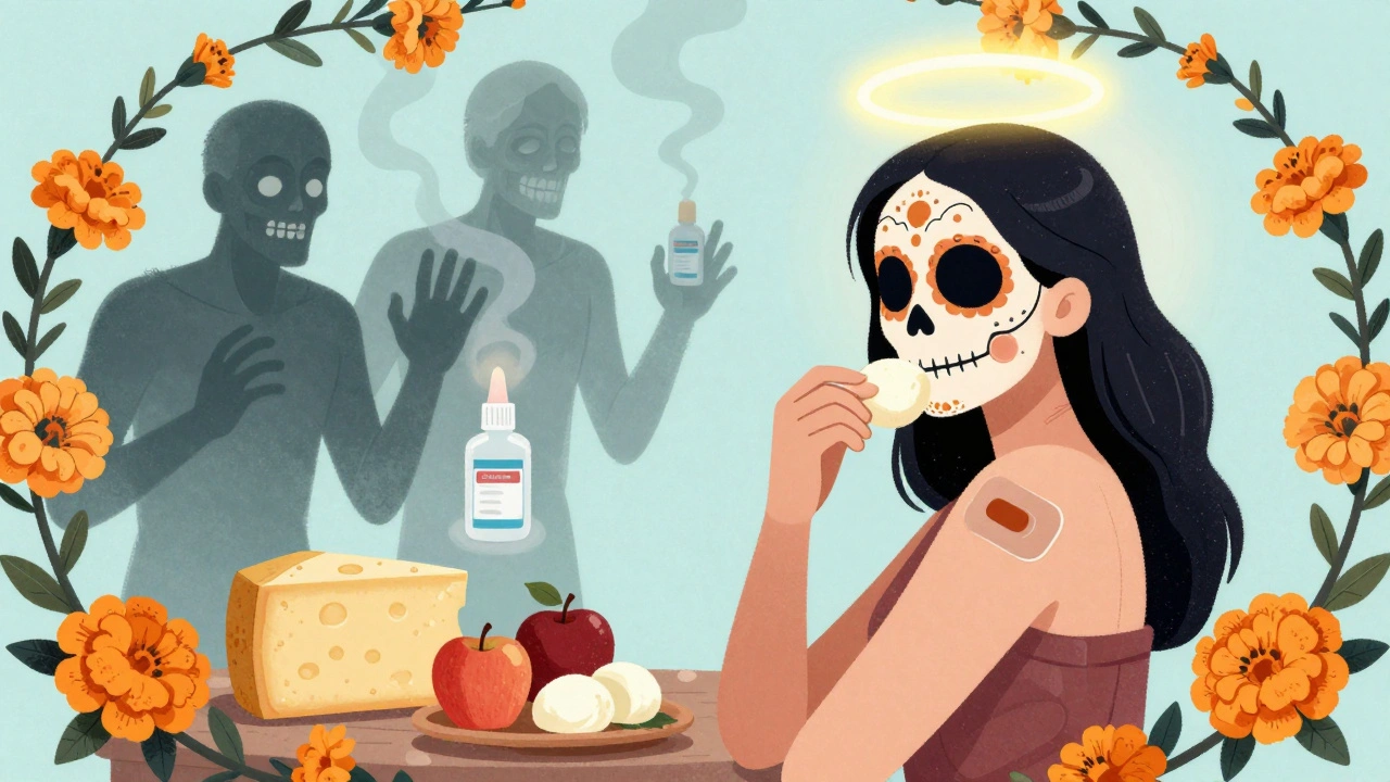 A patient safely eating fresh food with a glowing patch, while dangerous foods fade into smoke.