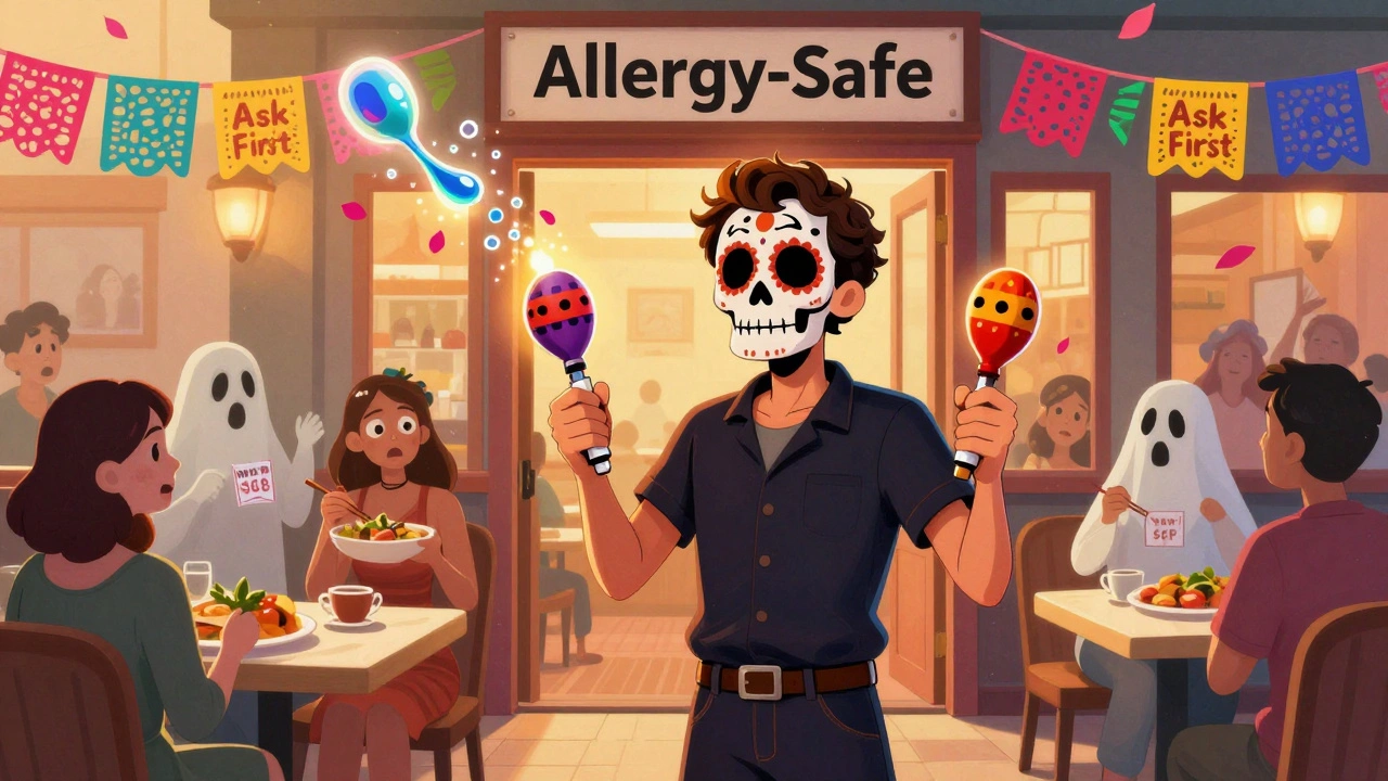 A person holding epinephrine injectors like maracas, standing before a safe restaurant as glowing allergen molecules fade into petals.