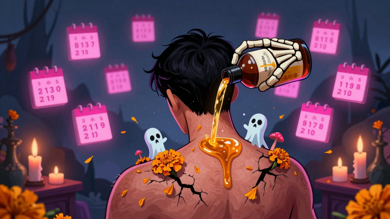 A person performing a ritual shampoo treatment as ghostly yeast flee, with floating calendar reminders.