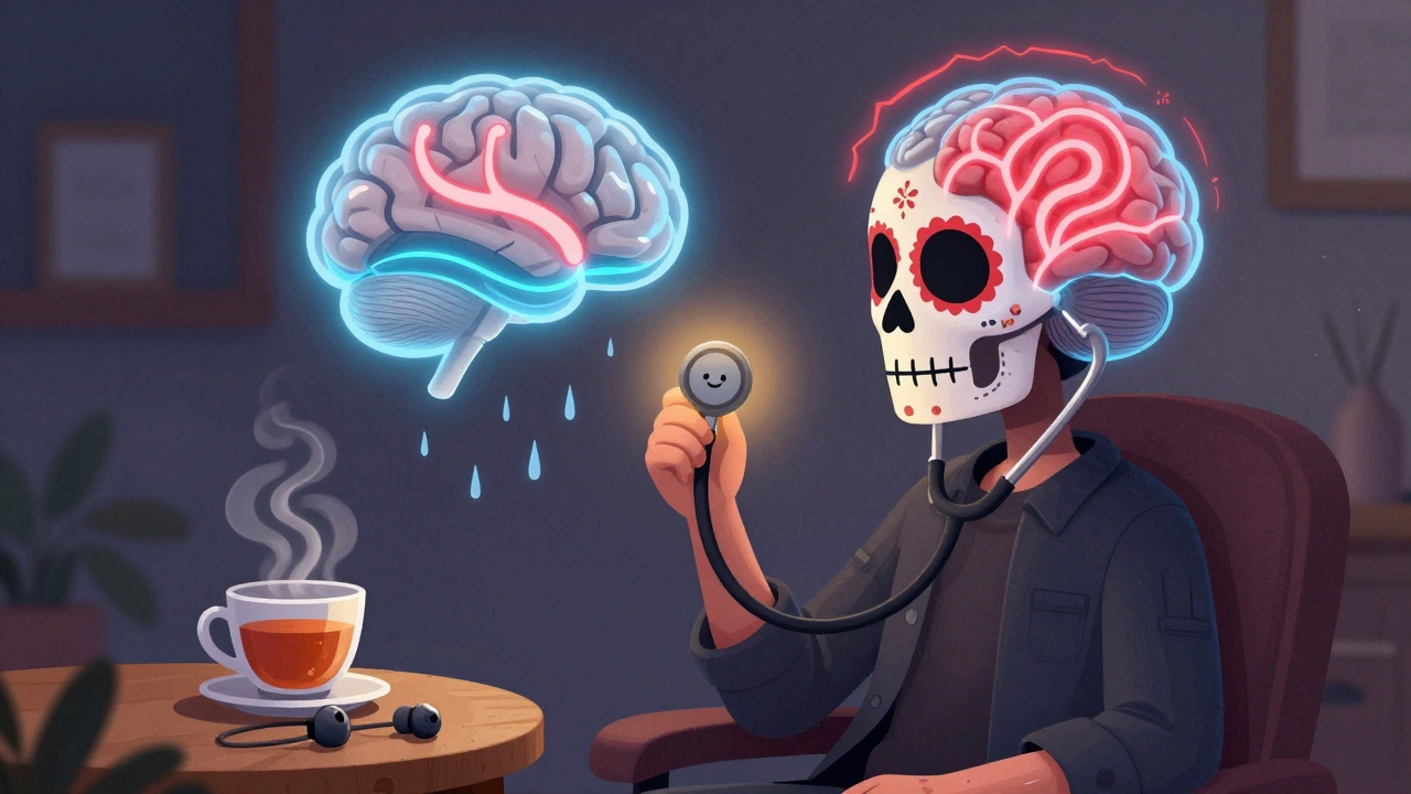 A person surrounded by brain pathways showing tinnitus and sound therapy, with a skeleton doctor nearby in a calm room.