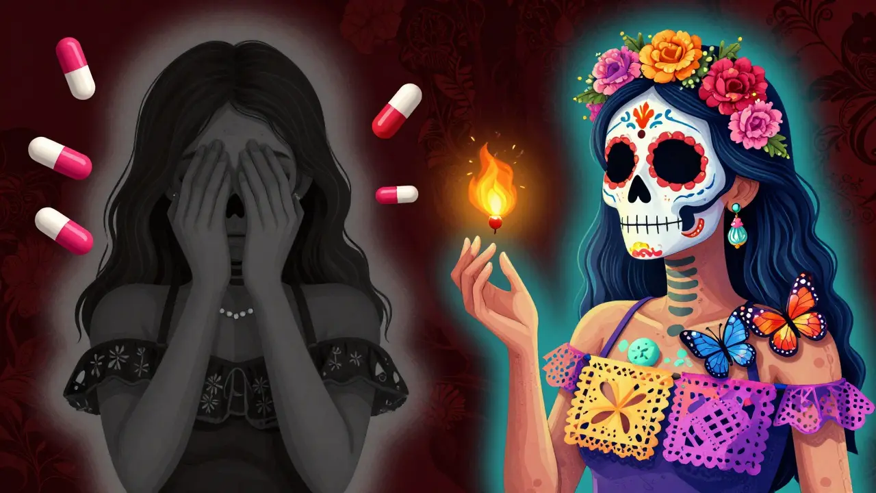 A person transitions from gray emotional dullness to vibrant color as a buspirone pill glows between them, surrounded by papel picado butterflies.