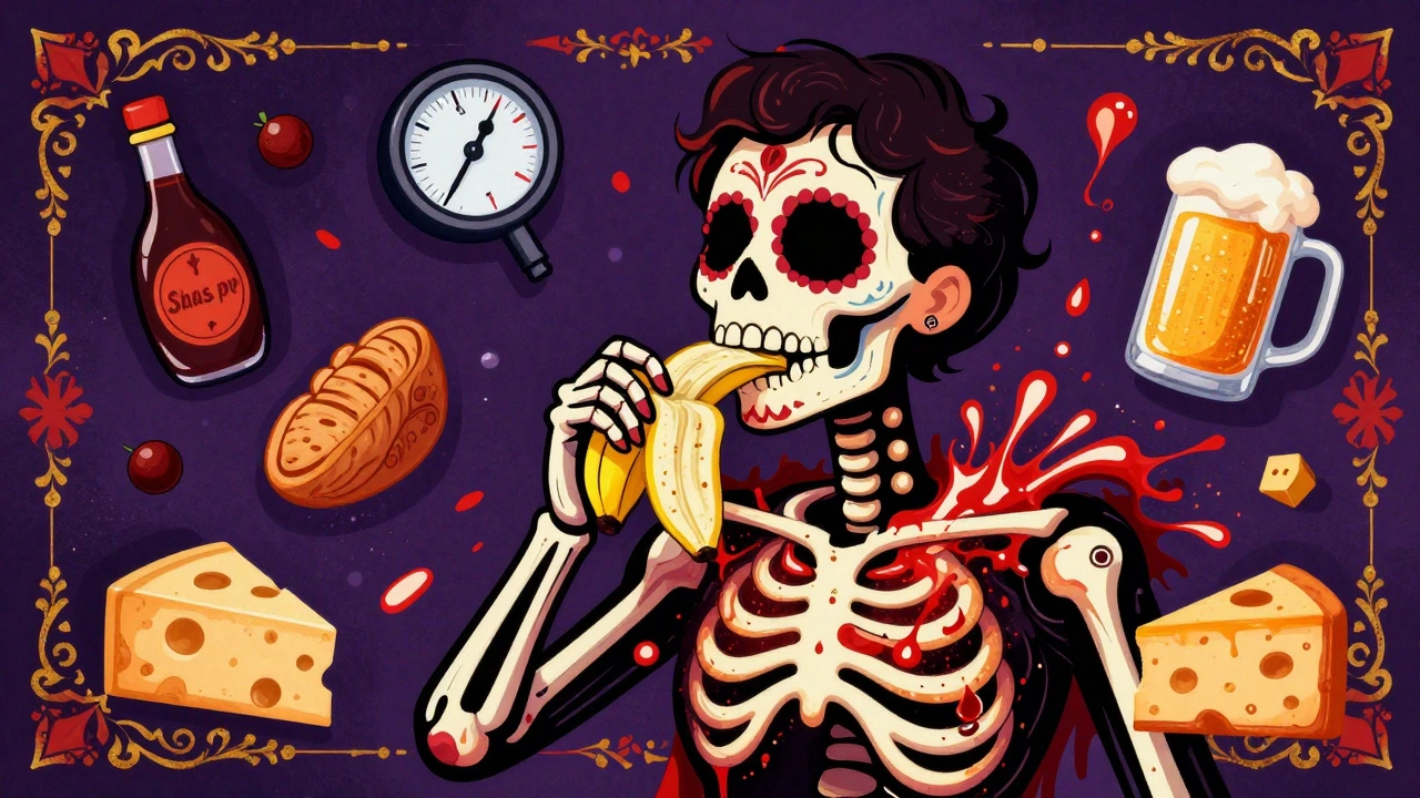 A person turning skeletal as they eat an overripe banana, with high-tyramine foods floating around them.