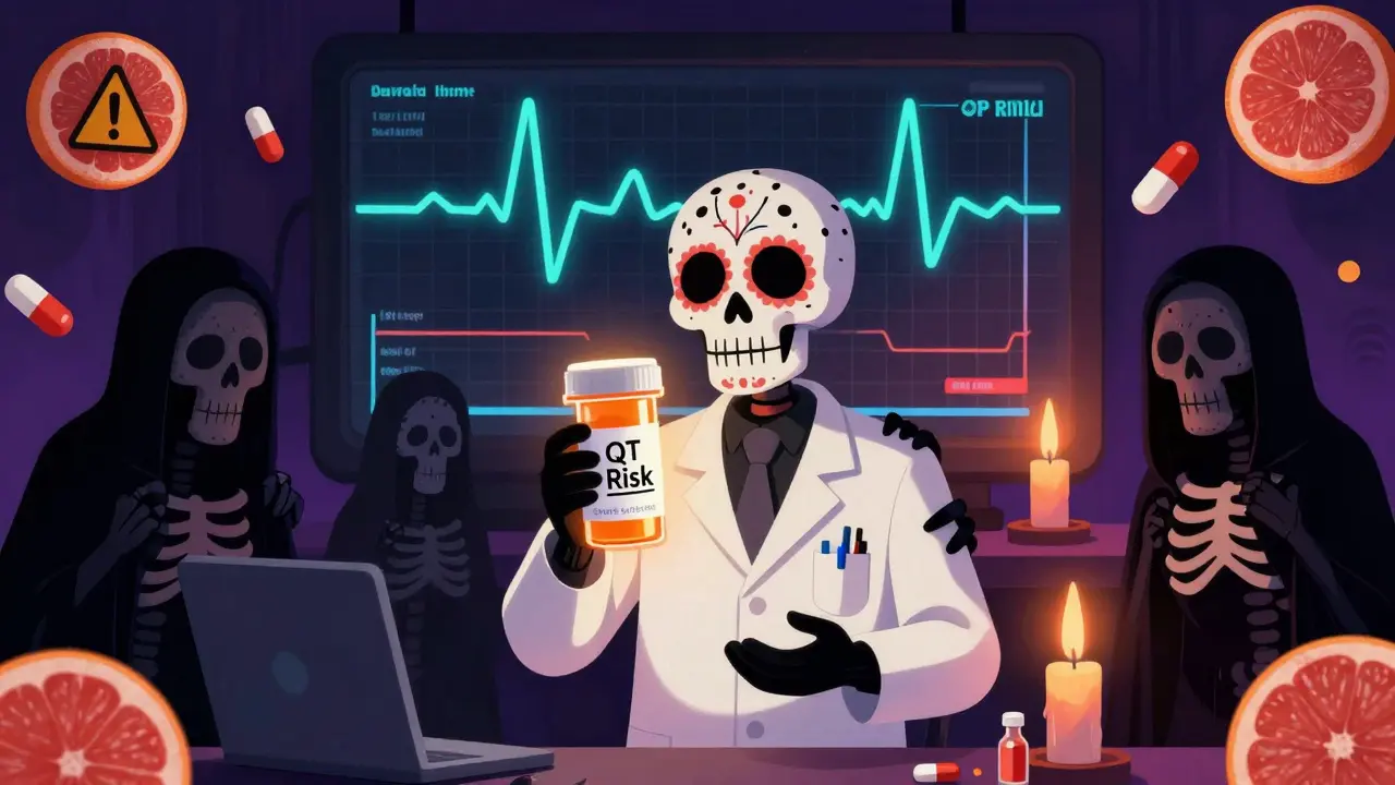 A pharmacist holding a risky prescription while skeletal figures of electrolyte imbalance and drug interactions cling to it.