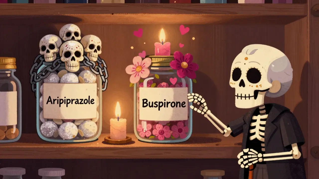 A pharmacy shelf contrasts heavy, chained antipsychotics with delicate buspirone flowers, as an elderly skeleton reaches for the safer option.
