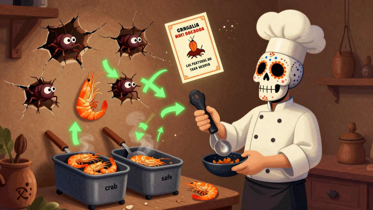 A skull-masked chef separating kitchen tools while dust mites with shellfish features peek from walls, in vibrant Day of the Dead style.