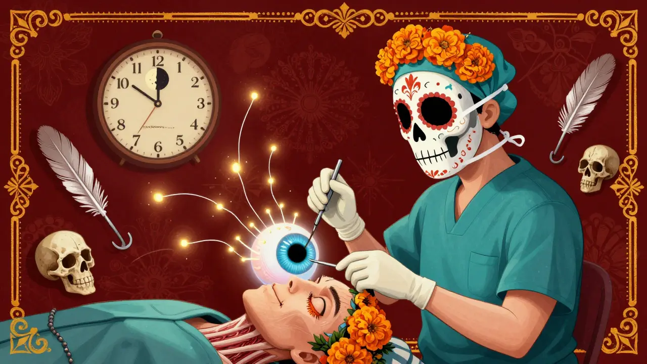 A surgeon in a Day of the Dead mask performing eye surgery on a floating eye, with glowing threads connecting to skeletal muscles, under a moonlit clock.
