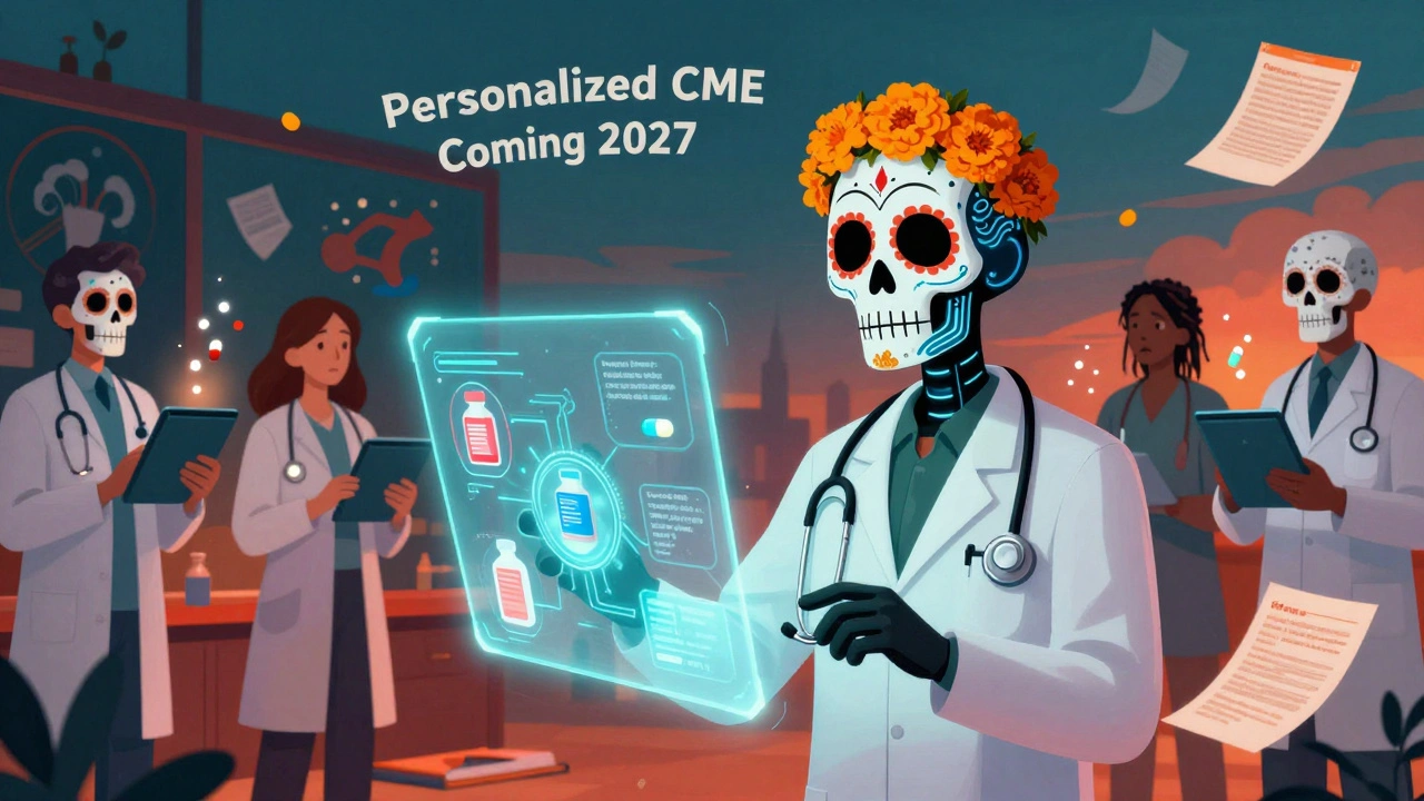 AI skull assistant guides a radiologist through holograms of generics and biosimilars, with specialty doctors receiving customized learning tablets.