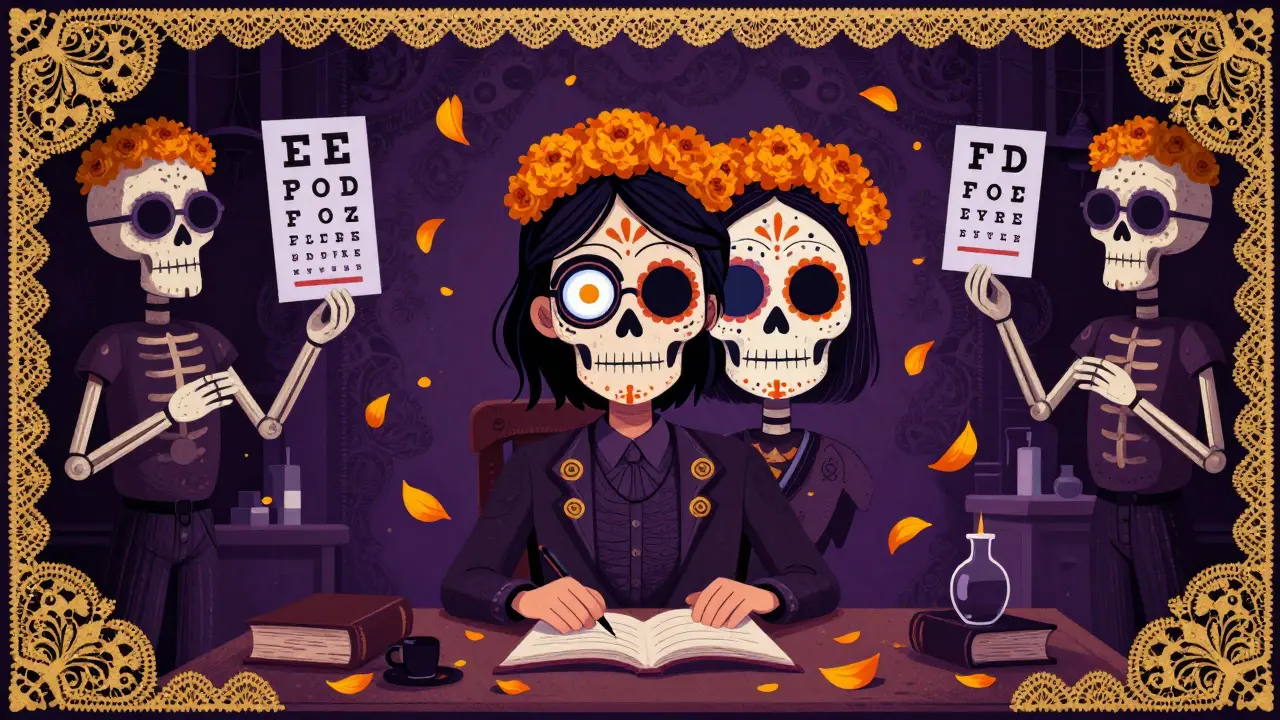 An adult with misaligned eyes, flanked by a spectral double-image and skeletal figures holding eye charts, surrounded by marigold petals.