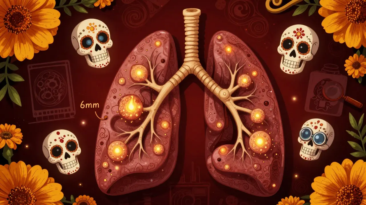 An ornate skeletal lung with glowing nodules like fireflies, surrounded by sugar skull AI icons and marigold vines.