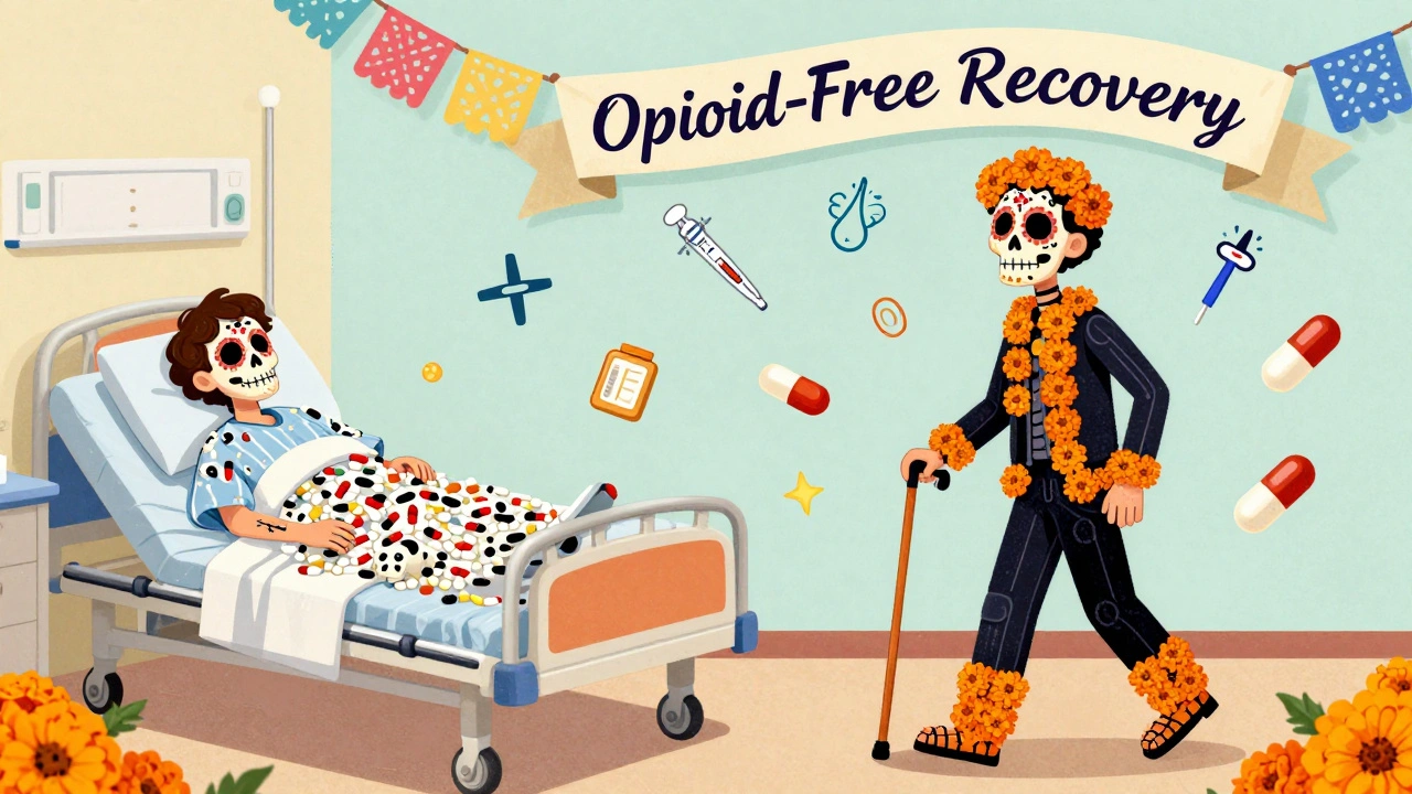 Before-and-after scene: patient buried in opioid skulls vs. walking free with non-opioid tools and marigold cane in Day of the Dead style.