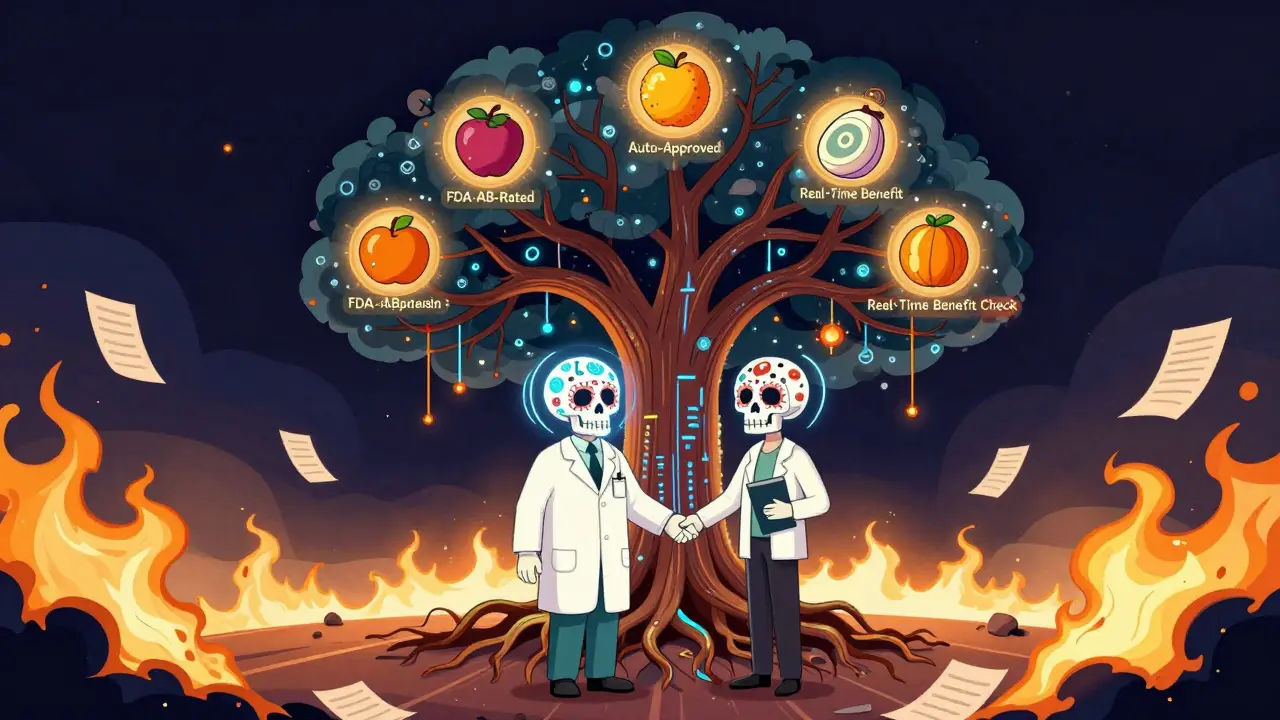 Blockchain tree with FDA-approved fruit, pharmacist and prescriber standing together under sugar skull AI icons