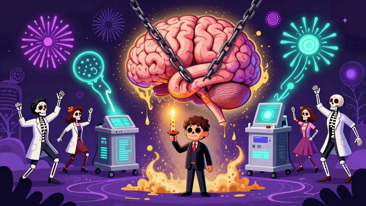 Brain with dissolving iron chains, patient holding ferritin candle, futuristic RLS treatments glowing, Day of the Dead style.