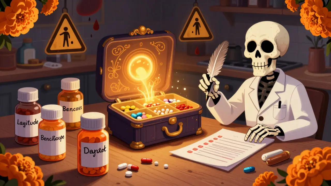 Cluttered table with pill bottles and glowing pill organizer, skeleton pharmacist guiding with checklist.