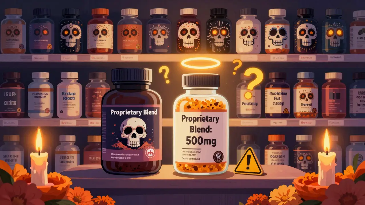 Consumer facing a shelf of supplement bottles with skeletal faces, one glowing with certification, others hiding dangers in proprietary blends.
