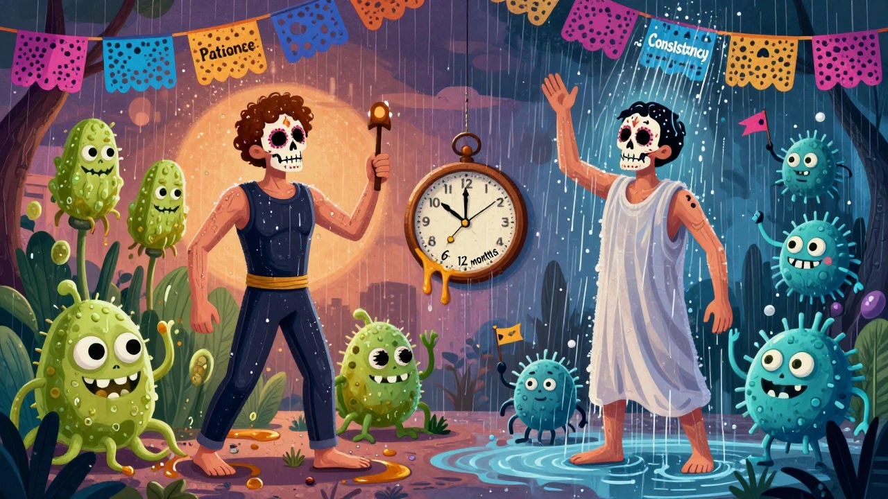 Contrasting scenes of oil-fed yeast monsters vs. clean skin with probiotic allies under a melting clock.