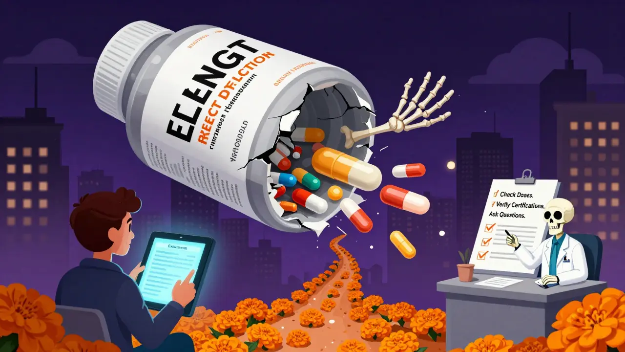Cracking supplement label revealing hidden drugs, while a person consults a safety website guided by marigolds to a pharmacist.