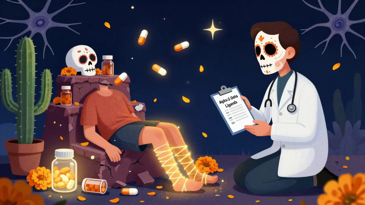 Doctor guiding patient from broken dopamine pills toward glowing alpha-2-delta ligands and iron supplements, Day of the Dead aesthetic.