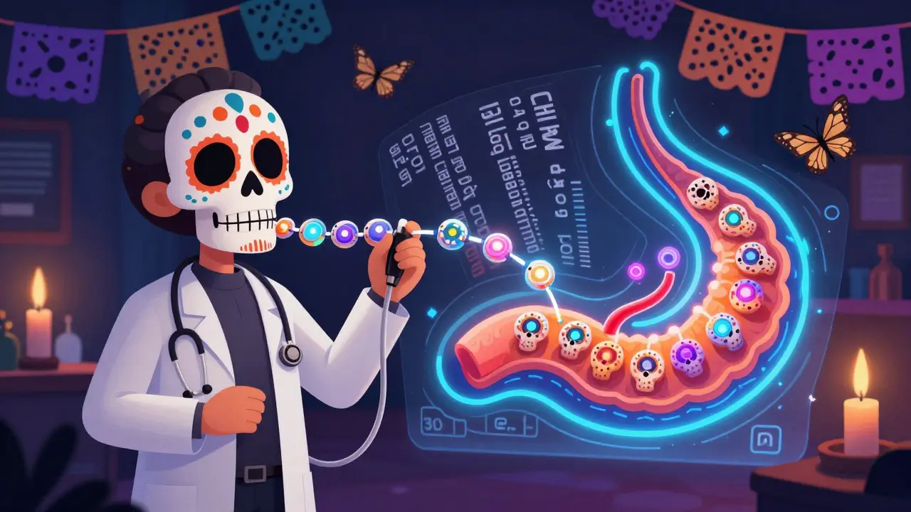 Doctor using a calavera-shaped manometry tube to map swallowing pressure on a glowing esophagus topography.