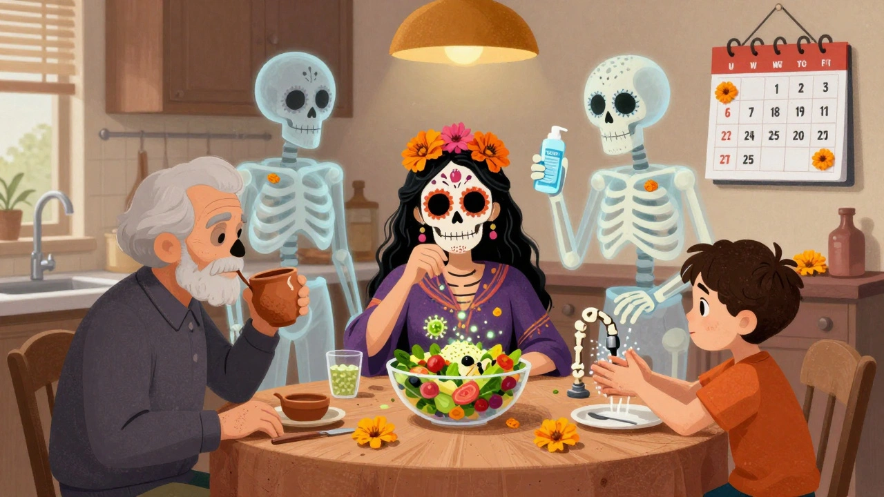 Family drinking rehydration solution while invisible carriers spread virus particles in a kitchen scene.