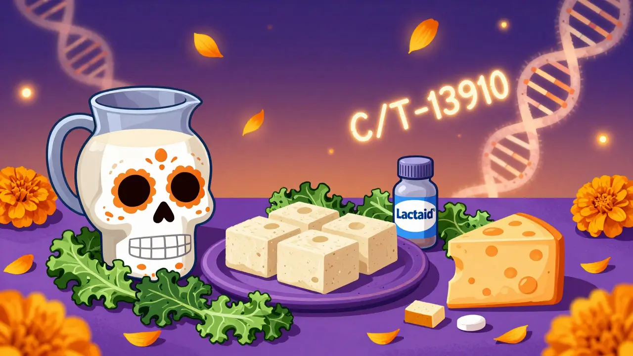 Feast table with lactose-free foods and supplements, decorated with skeleton motifs and marigold petals.