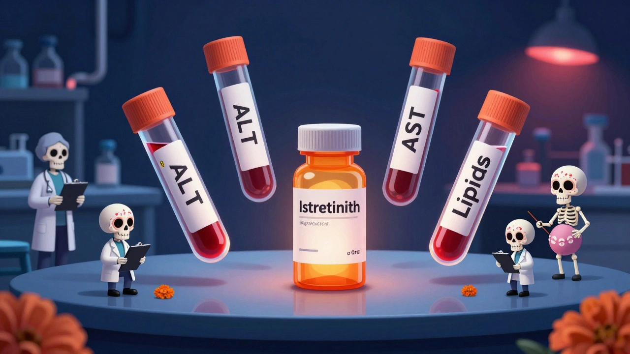 Floating medical test vials with skull designs on a lab table, centered by a glowing isotretinoin bottle under crimson and blue light.