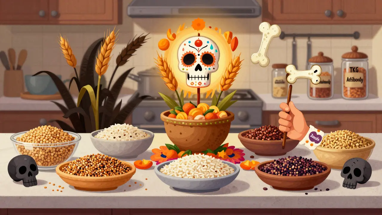 Gluten-free grains as offerings on a ofrenda, with skull-shaped wheat being banished by a certified label.