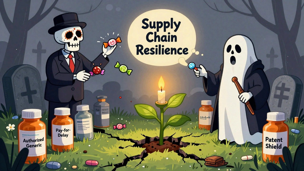Graveyard of drug industry tactics with ghostly executives offering candy to buried generic makers.