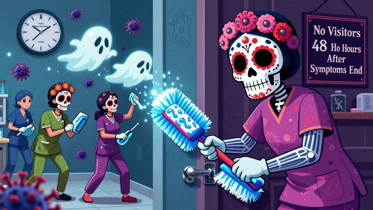 Healthcare workers cleaning a doorknob with bleach brush as ghostly viruses flee in a Day of the Dead style.