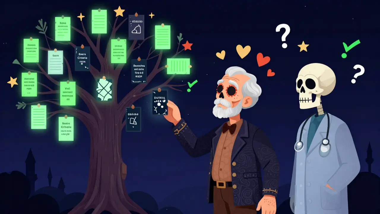 Man removing risky medication label from skeleton tree, safe drugs glowing green under starry sky.