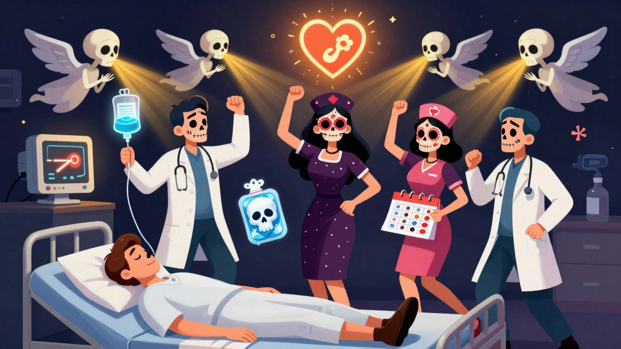 Medical team dancing around a patient, holding non-opioid pain tools, with glowing monitors and calming breaths in a festive skeletal aesthetic.