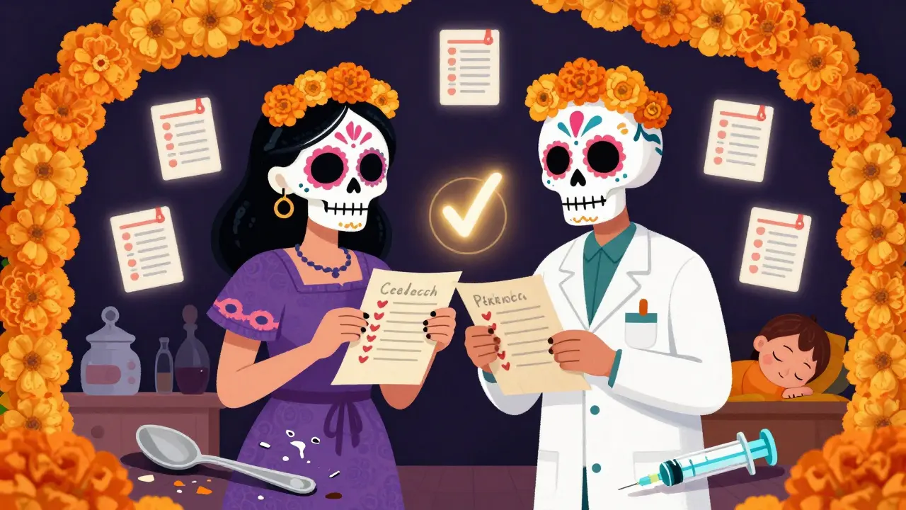 Mother and pharmacist comparing calculations with glowing checkmark, broken spoon on floor, calibrated syringe glowing safely.