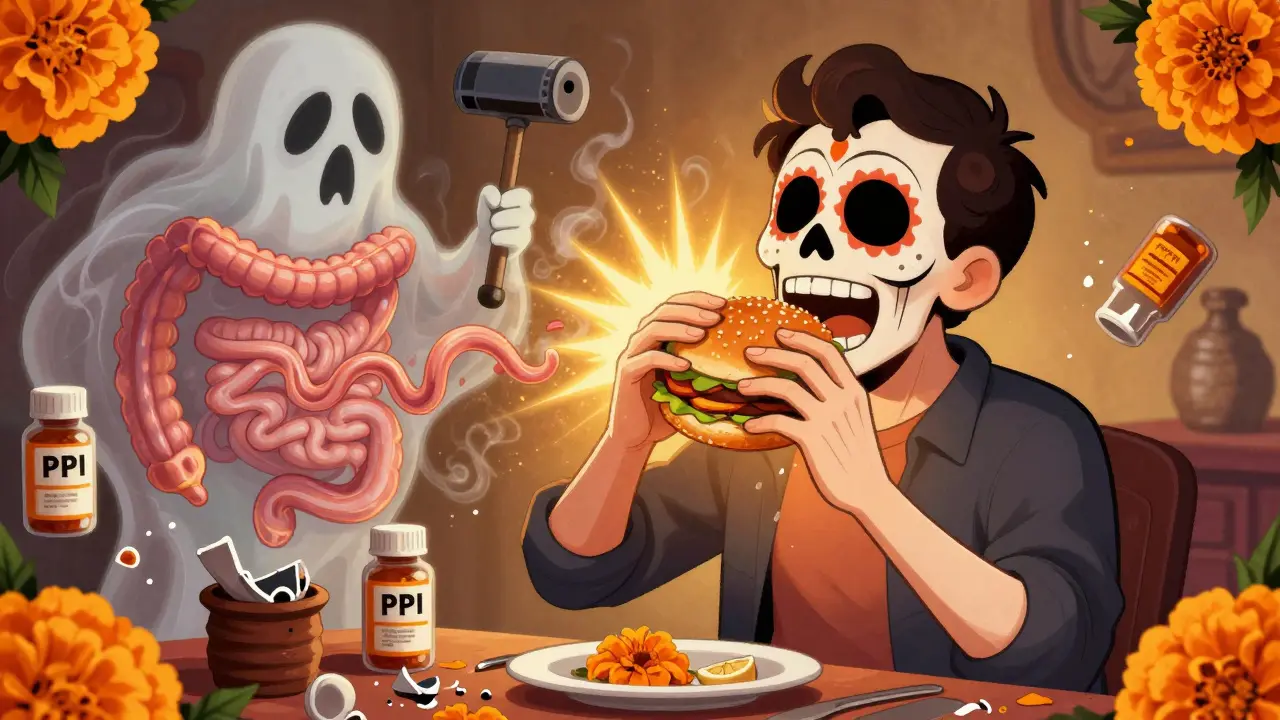 Patient eating a burger as a spastic esophagus spirit dissolves into marigold smoke in a festive altar scene.