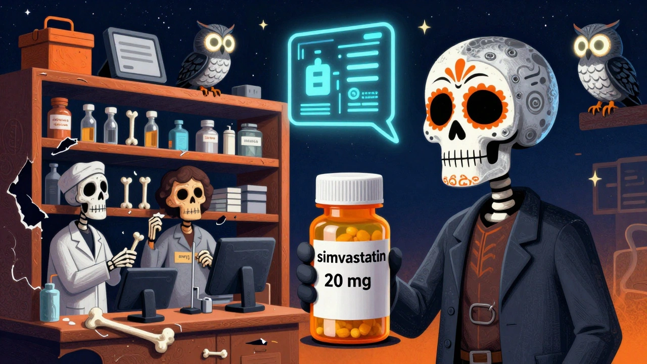 Patient holding identical pill bottles next to a crumbling pharmacy shelf, skeletal pharmacists arguing, AI owls floating above.