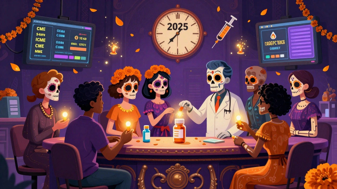 Patients and doctors pass a glowing generic pill at a skeletal pharmacy counter, with CME credits floating like fireflies.