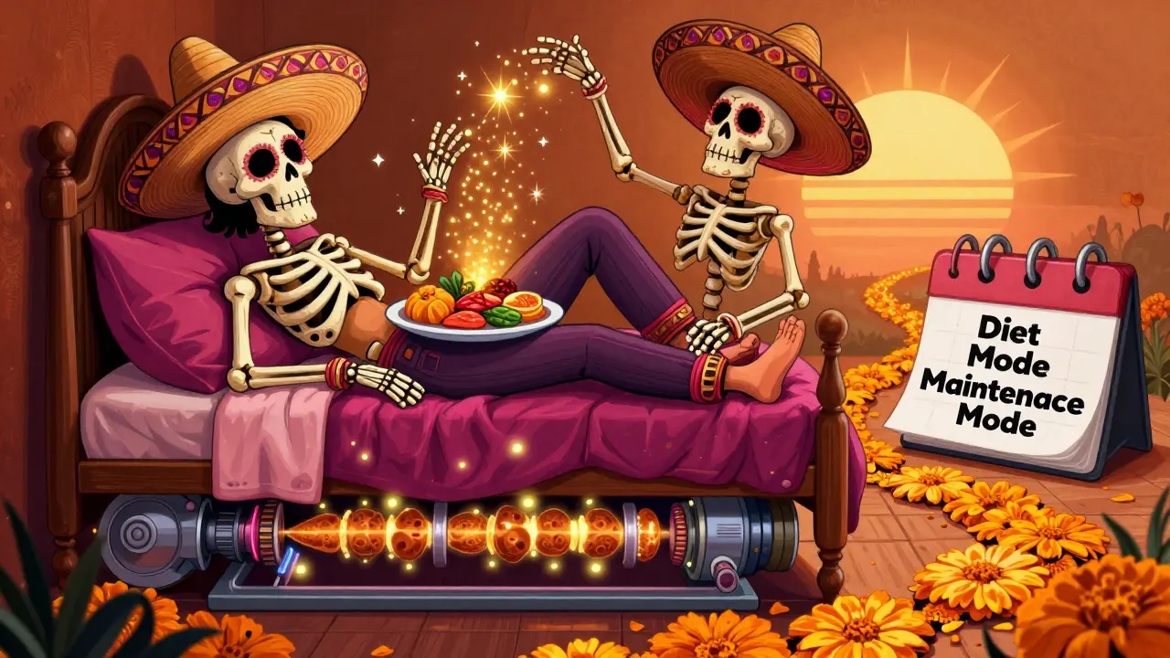 Person eating peacefully as a smiling skeleton sprinkles energy sparks, reviving a glowing metabolic engine beneath them.