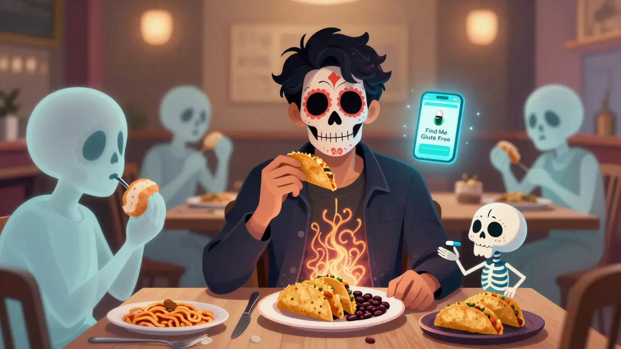 Person eating safely at a restaurant while ghostly diners consume gluten, with a healing gut and nanoparticle calavera nearby.