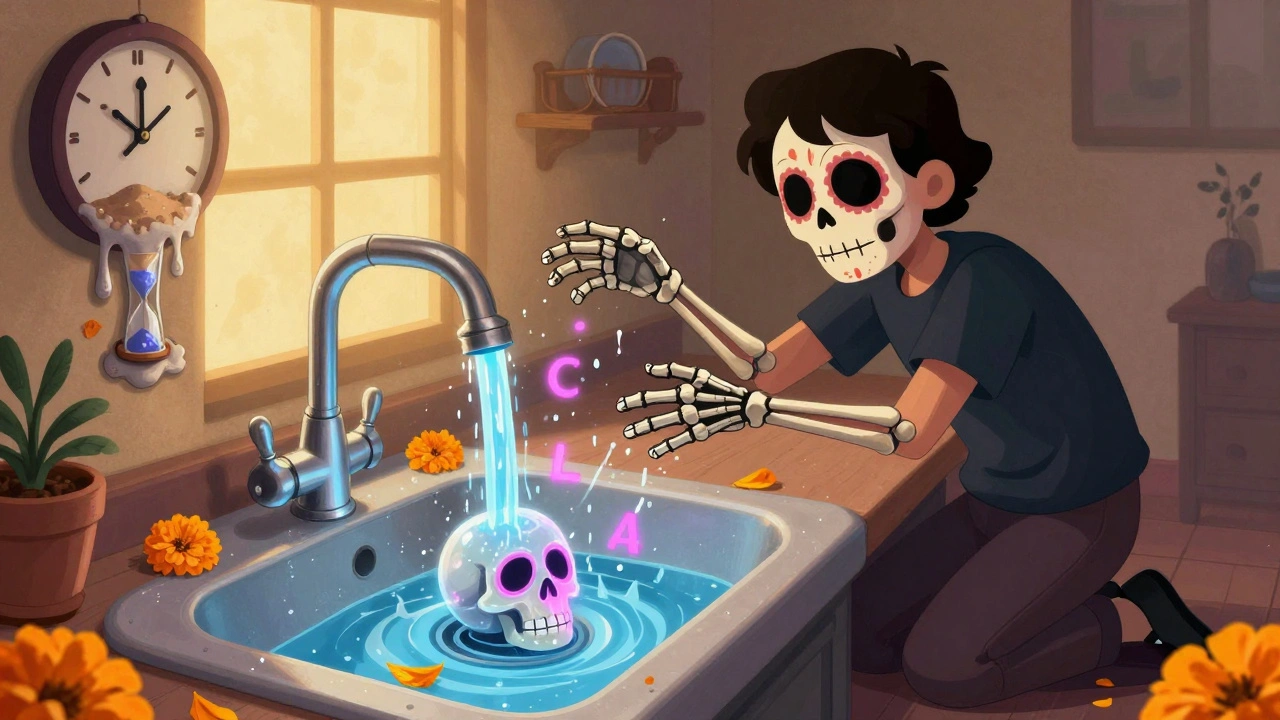 Person flushing eye at sink with water flowing like a river, spectral chemicals dissolving into a skull-shaped drain.