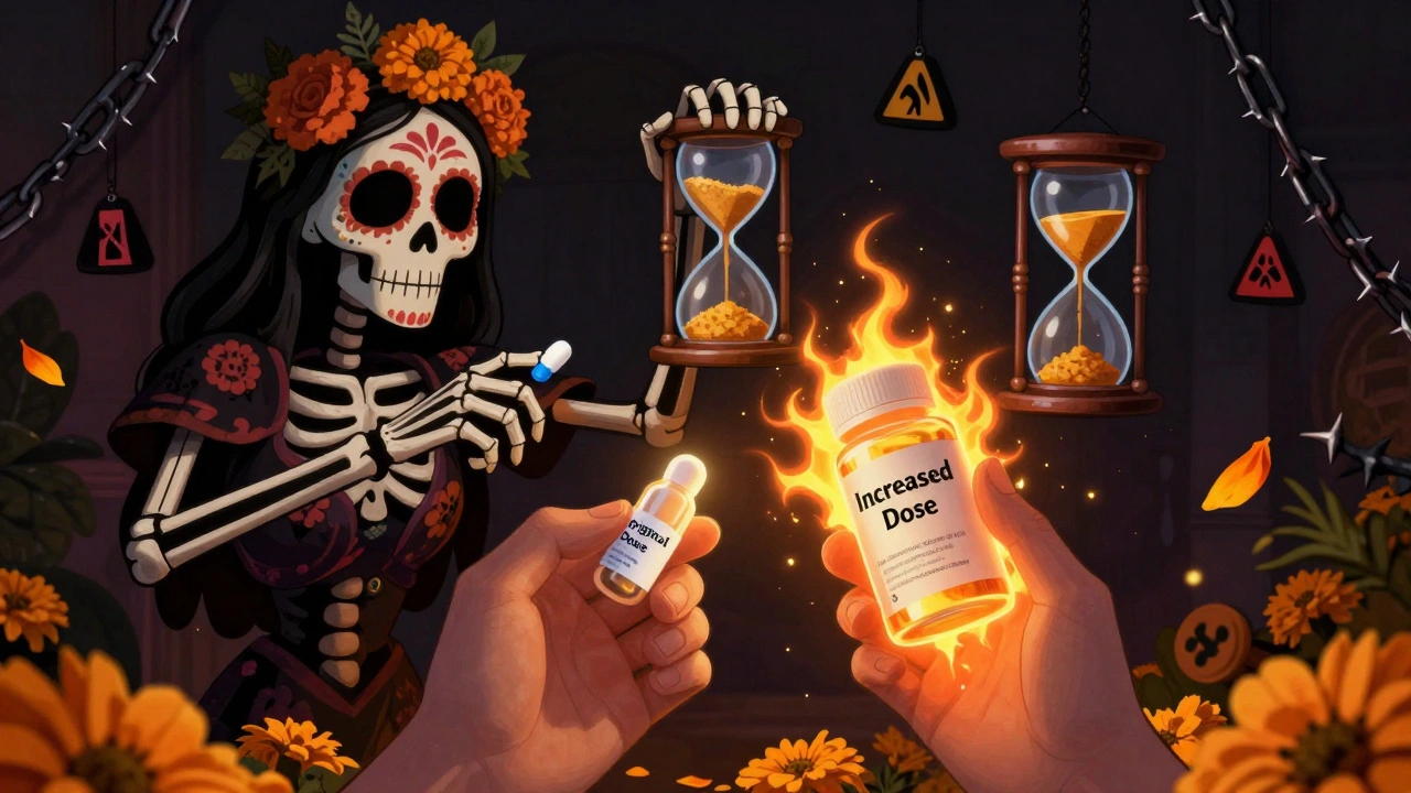 Person holding two pills—one safe, one dangerous—while a skeletal guide offers naloxone and a warning hourglass.
