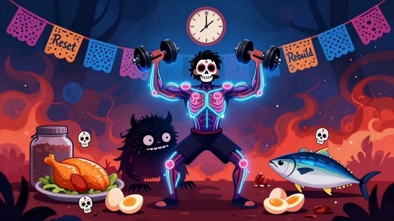 Person lifting weights as glowing muscle alebrijes overpower a shrinking metabolism monster, with protein foods marked by sugar skulls.
