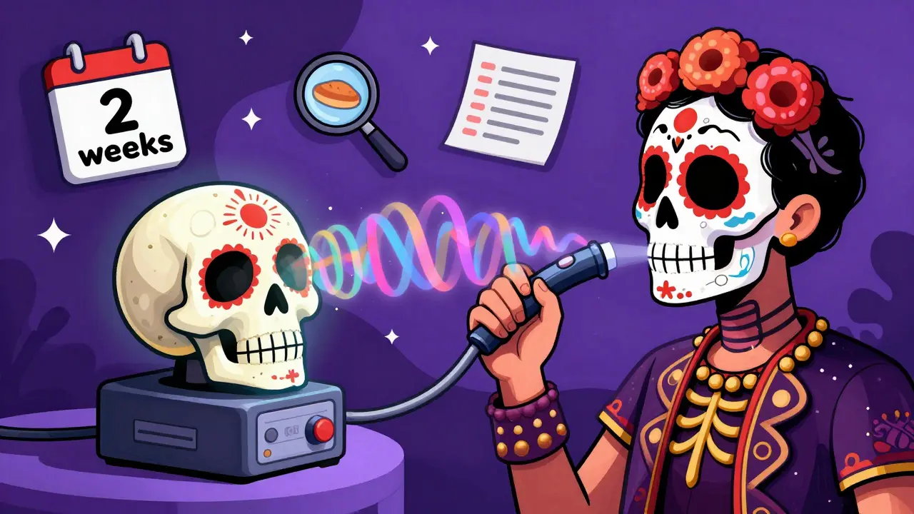 Person taking a hydrogen breath test with a skull-shaped device emitting colorful gas spirals.