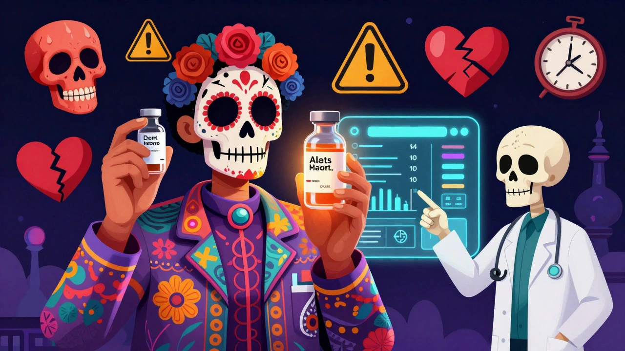 Pharmacist holding a glowing chemotherapy vial surrounded by animated warning symbols in vibrant Day of the Dead style.